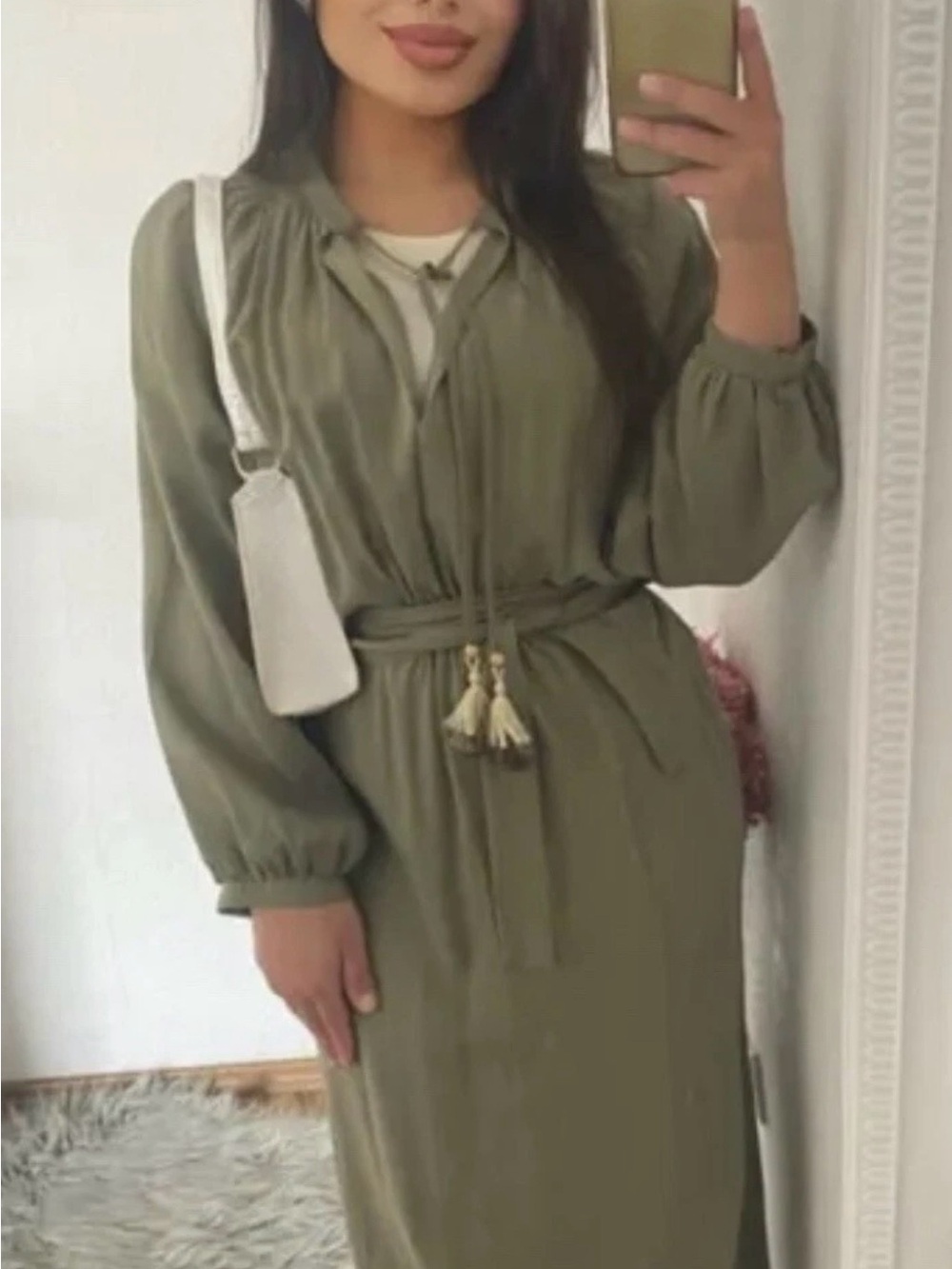 Zara Olive Green Long Sleeve Midi Dress with Tassel Tie Size XL NWT - Picture 2 of 6